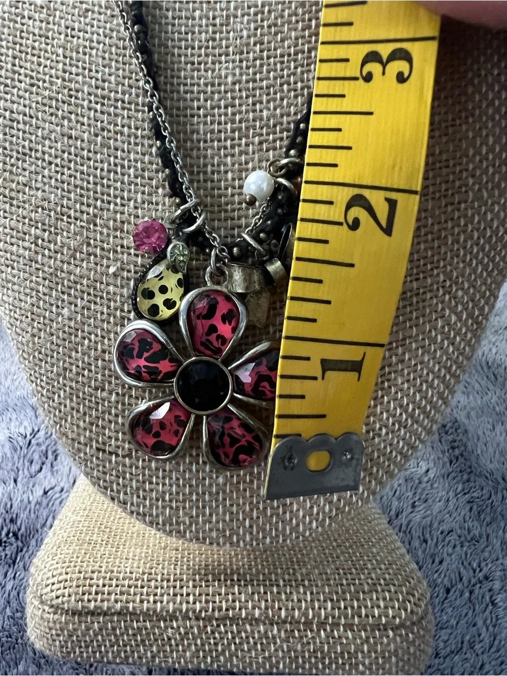 Vintage Betsey Johnson Jungle Fever Pink Leopard Print Floral Charm Necklace
